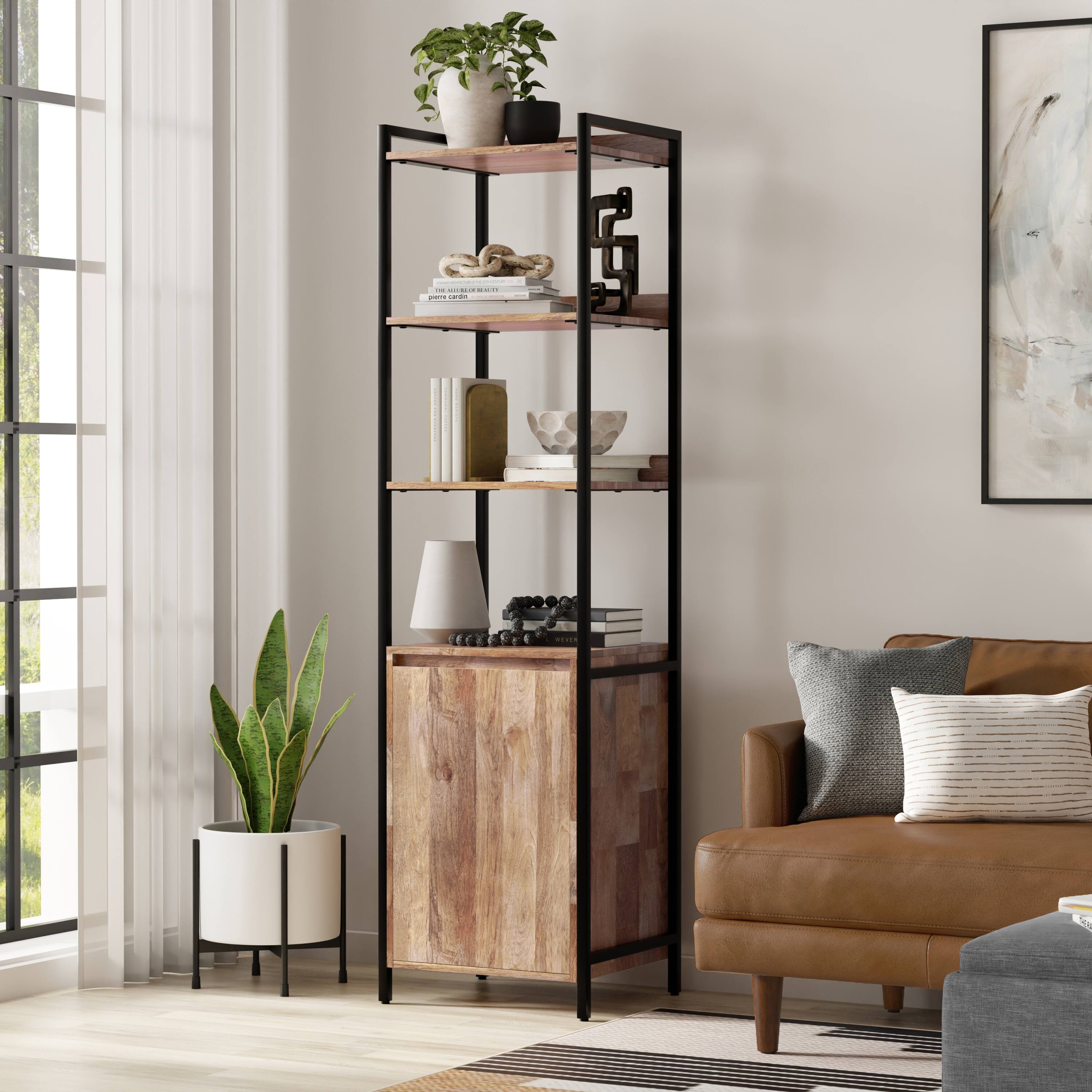 Angle. Simpli Home - Kelsey 74 inch Tall Solid Mango Wood Narrow Bookshelf with Cabinet in Natural - Natural.