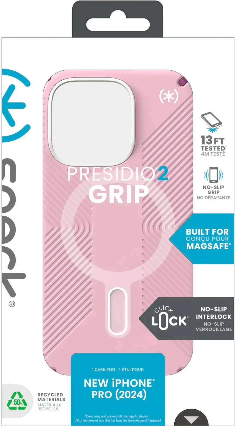 The text on the image is in French, so I will provide the corrected text in English.

1. E 13 FT TESTED: This is a claim that the case has been tested to be 13 feet drop-resistant.
2. 4M TESTE: This is a claim that the case has been tested to withstand 4-meter drops.
3. PRESIDIO2 NO-SLIP GRIP: This is a feature of the case that provides a no-slip grip for the iPhone.
4. GRIP NO DRAPANTE: This is a feature of the case that prevents the iPhone from sliding out of the case.
5. BUILT FOR MAGSAFE: This is a claim that the case is compatible with MagSafe technology.
6. POUR FOR 1 TUI POUR 50% RECYCLED MATERIALS: This is a claim that the case is made from 50% recycled materials.
7. NEW iPHONE PRO (2024): This is a claim that the case is designed for the new iPhone Pro (2024) model.
8. Case may not prevent all damage to device: This is a disclaimer that the case may not prevent all damage to the iPhone.