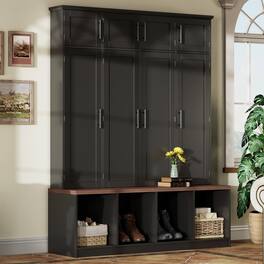 Loheer - Farmhouse Hall Tree with Seating Bench, Entryway Shoe Cabinet, 75 Inch Tall - Black