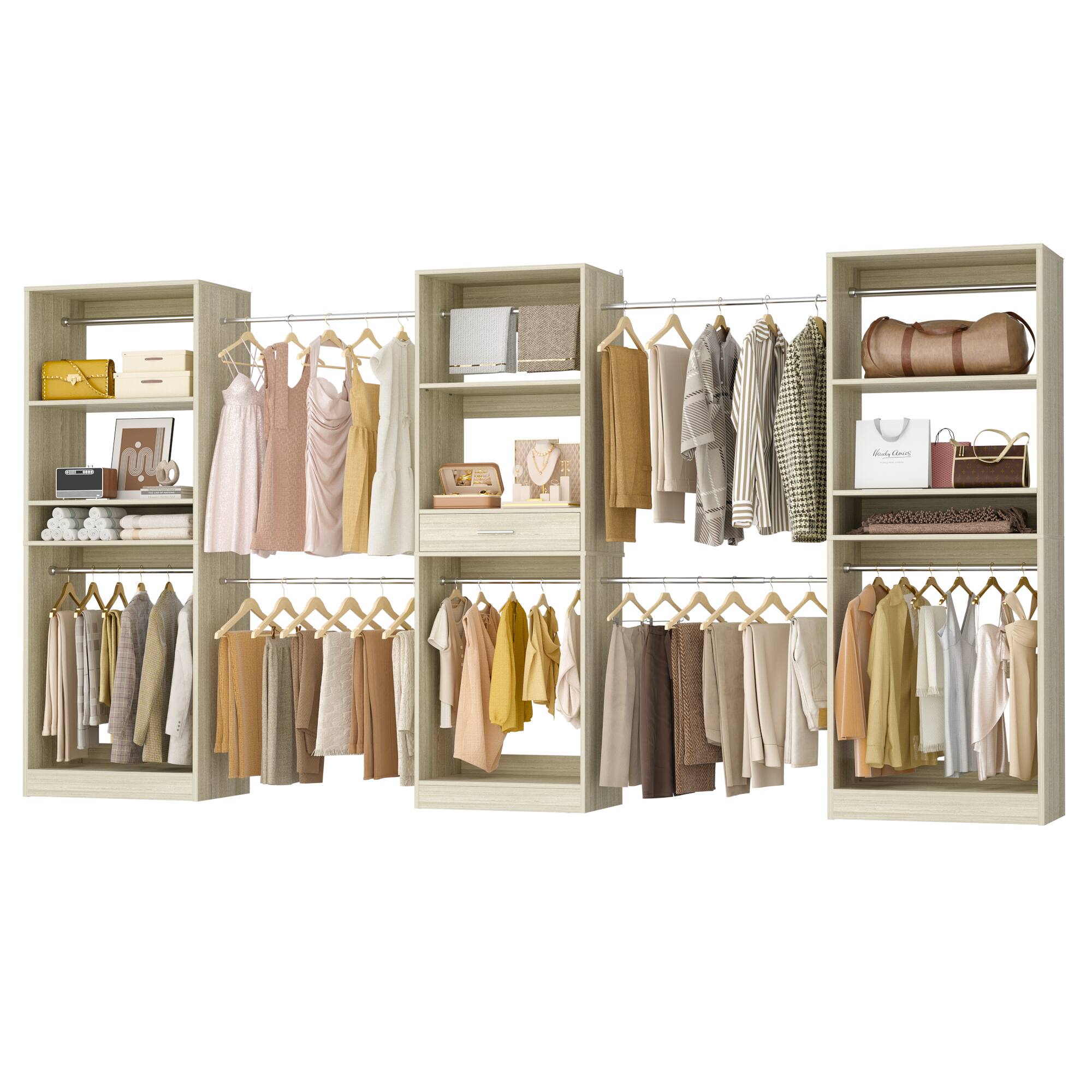 Angle. Aheaplus - 70.5'' - 146'' Wide Adjustable Closet Organizer System with 10 Hanging Rods, Drawer and Adjustable Shelves - Beige Oak.