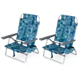 Costway - 2PCS Beach Chairs with 5-Position Backrest & Padded Headrest, Cup Holder & Ice Bag - Palm Tree Green