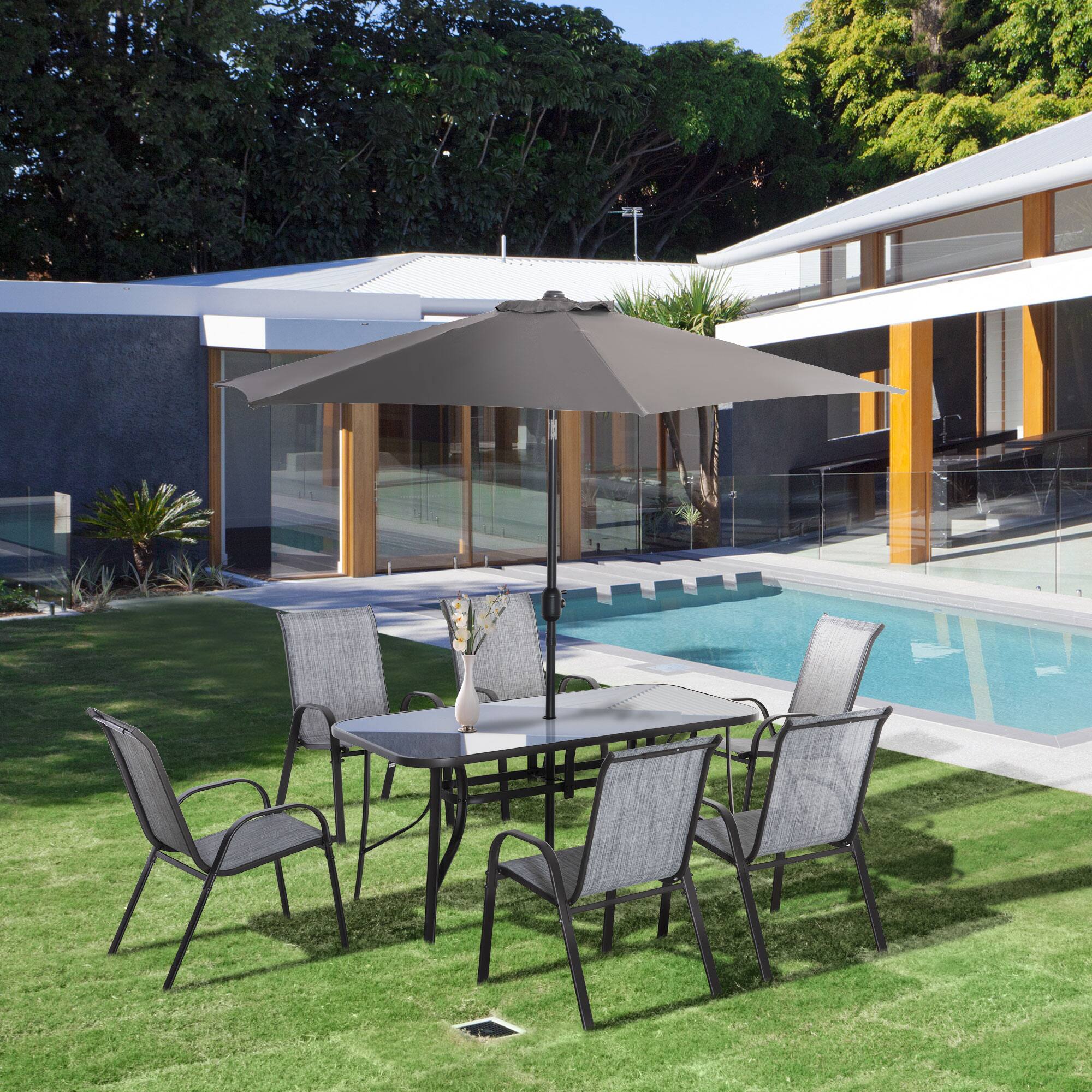 Alt View 1. Outsunny - 8 Pieces Patio Furniture Set with 9Ft Patio Umbrella, Outdoor Dining Table and Chairs, 6 Chairs - Dark Gray.