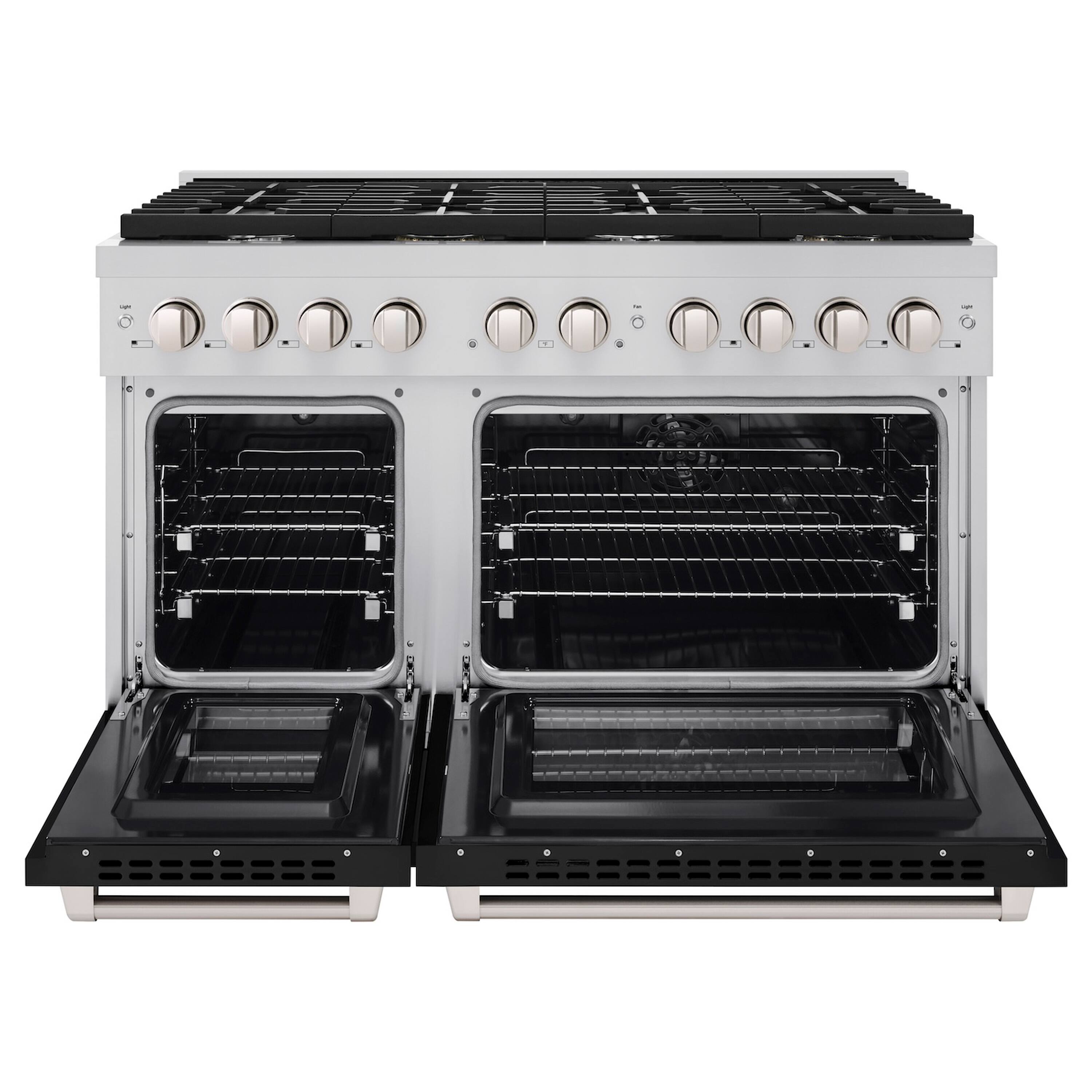 Angle. ZLINE - ZLINE 48" Paramount Double Oven Dual Fuel Range with 8 Burners (SDR-BLM-48) - Satin Steel/Black Matte.