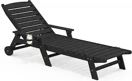 SERWALL - HDPE Outdoor Lounge Chair with Rolling Wheels & Cup Holder for Pool - Black