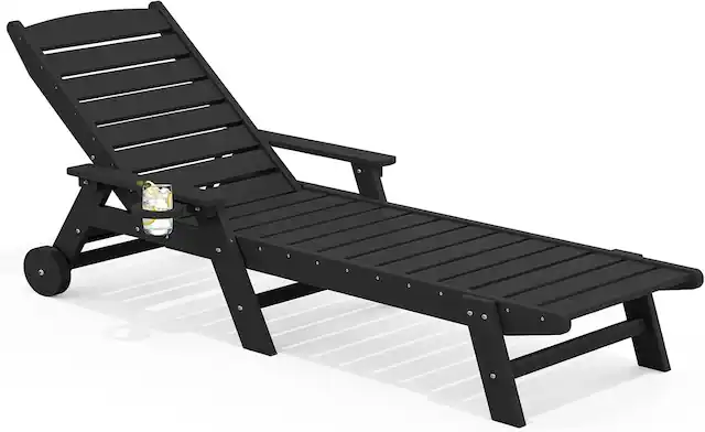 Front. SERWALL - HDPE Outdoor Lounge Chair with Rolling Wheels & Cup Holder for Pool - Black.