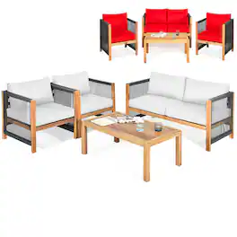 Costway - 4 PCS Wood Outdoor Patio Furniture Set with Cushions White Cushion Cover Sets - Red