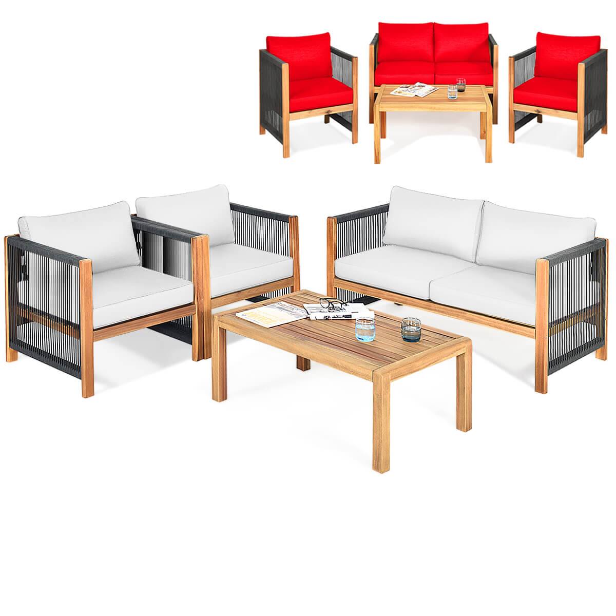Front. Costway - Costway 4 PCS Wood Outdoor Patio Furniture Set with Cushions White Red Cushion Cover Sets - Red.