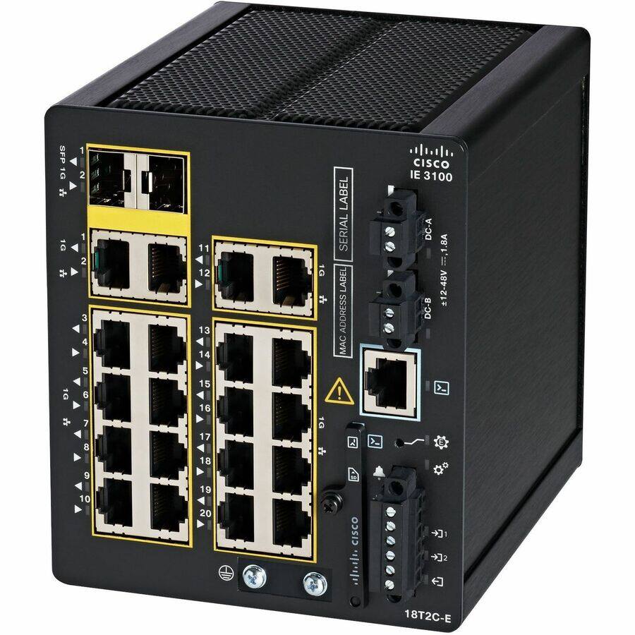CISCO IE 3100  
18T2C-E  

SFP 1G  
1G  
1  
2  
3  
4  
5  
6  
7  
8  
9  
10  
11  
12  
13  
14  
15  
16  
17  
18  
19  
20  

LABEL SERIAL LABEL ADDRESS MAC  

DC-A = 12-48V DC-B = +12 48V  

CISCO IE 3100  
DC-A = 1.8A  
DC-B = 12.48V  

18T2C-E
