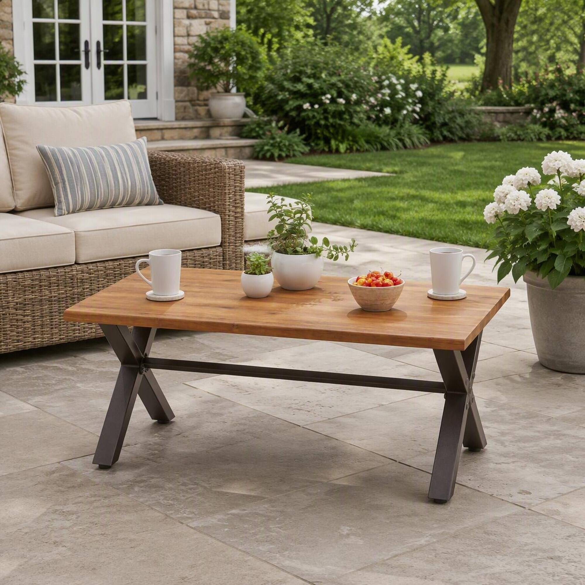 Angle. RYHNUYNE - Outdoor Dining Table, Acacia Wood Patio Table, Rectangular Outdoor Table for Porch, Garden, Backyard and Poolside - Brown+Black.