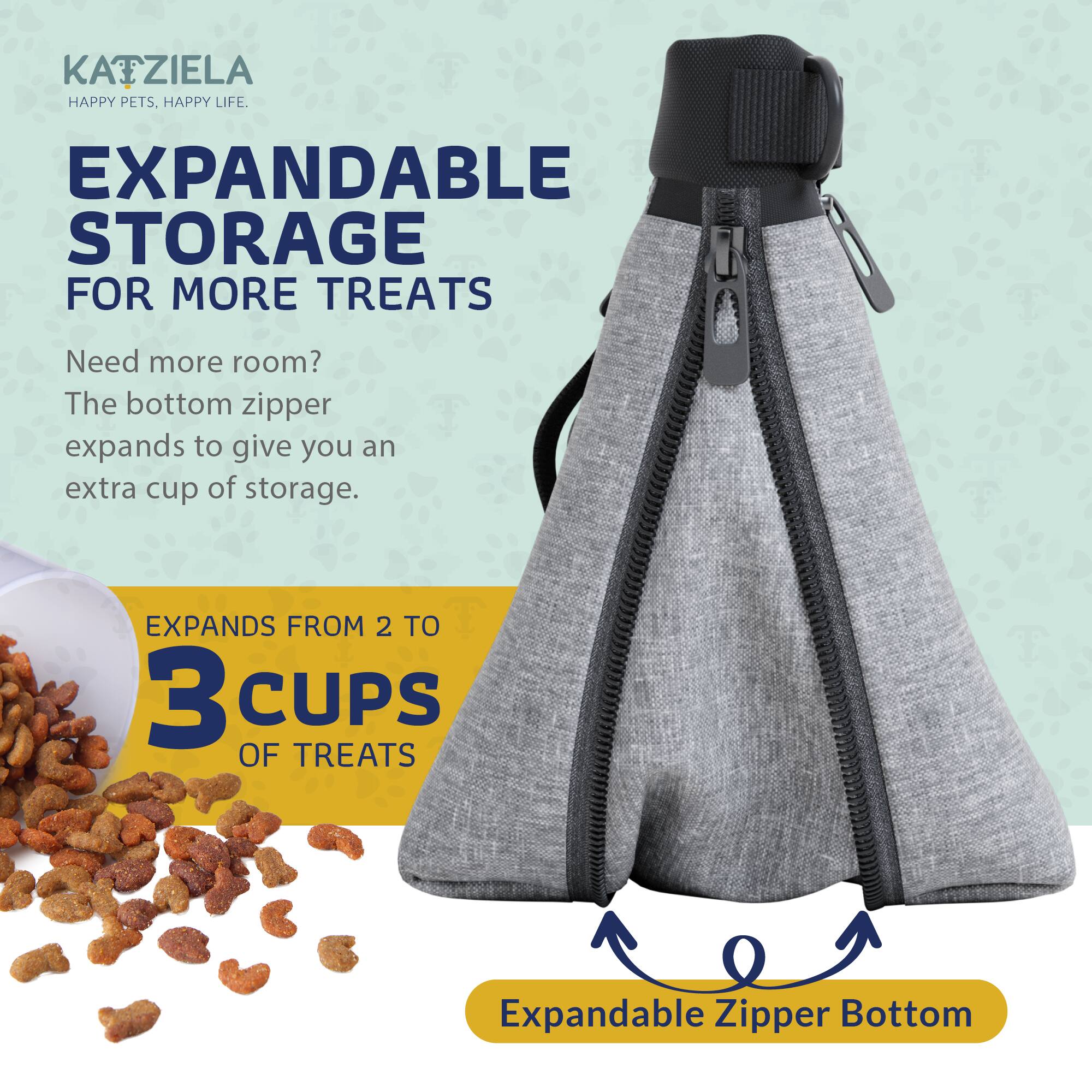 KATZIELA  
HAPPY PETS. HAPPY LIFE.  

EXPANDABLE STORAGE FOR MORE TREATS  

Need more room?  
The bottom zipper expands to give you an extra cup of storage.  

EXPANDS FROM 2 TO 3 CUPS OF TREATS  

Expandable Zipper Bottom