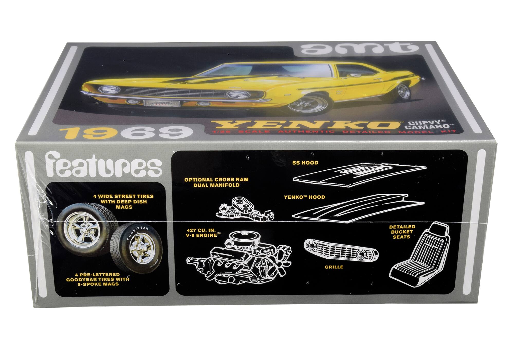 a0 0 : CHEVY TENKO CAMARO -- 1969 1/28 SCALE AUTHENTIC DETAILED MODEL KIT features SS HOOD OPTIONAL CROSS RAM DUAL MANIFOLD 4 WIDE STREET TIRES WITH DEEP DISH MAGS YENKO HOOD GOODYEAR : 427 Cu. IN. V-8 ENGINE DETAILED BUCKET SEATS 4 PRE-LETTERED GOODYEAR TIRES WITH 5-SPoke MAGS PRLTSRS GRILLE