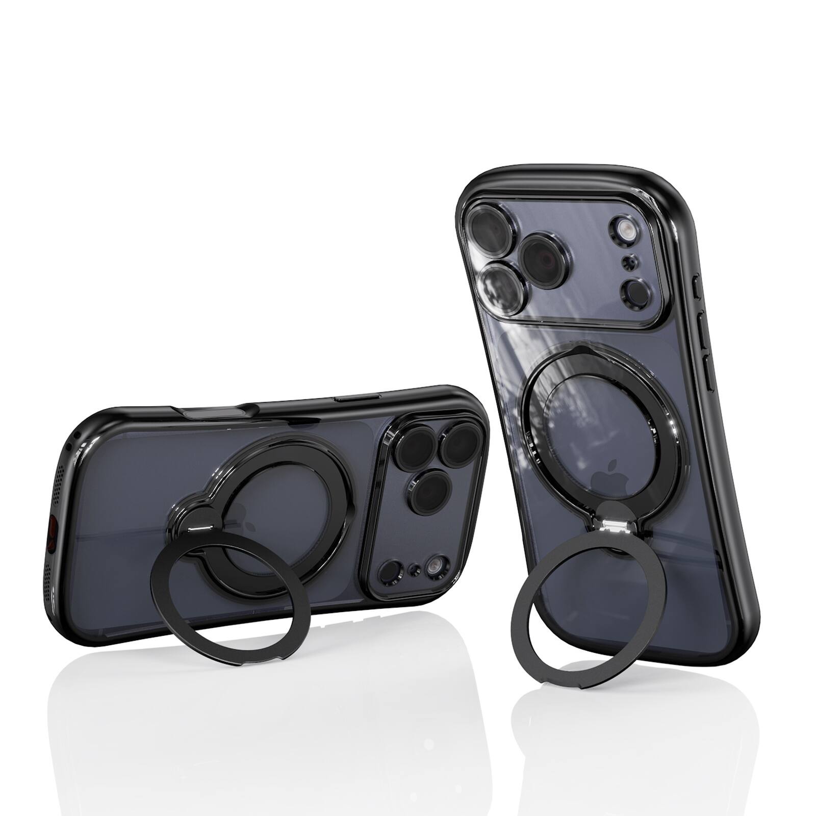 Left. Dteck - Magnetic Case for Apple iPhone 17 Pro Max with 360 Ring Stand and Strap, Shockproof TPU Cover Built-in Lens Protector - Black.