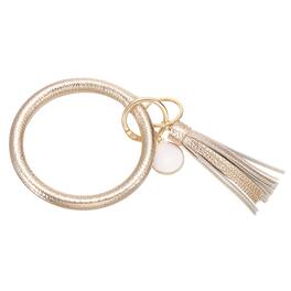 Unique Bargains - PU Leather Circle Wristlet Keychain, Tassel Pendant Round Bangle Keyring Bracelet Holder for Women Car Keys, 1pc - Champagne
