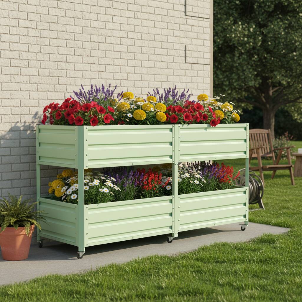 Alt View 2. Loheer - Loheer 2-Tier Elevated Raised Garden Bed Rolling Metal Planter Box with Lockable Wheels Green.