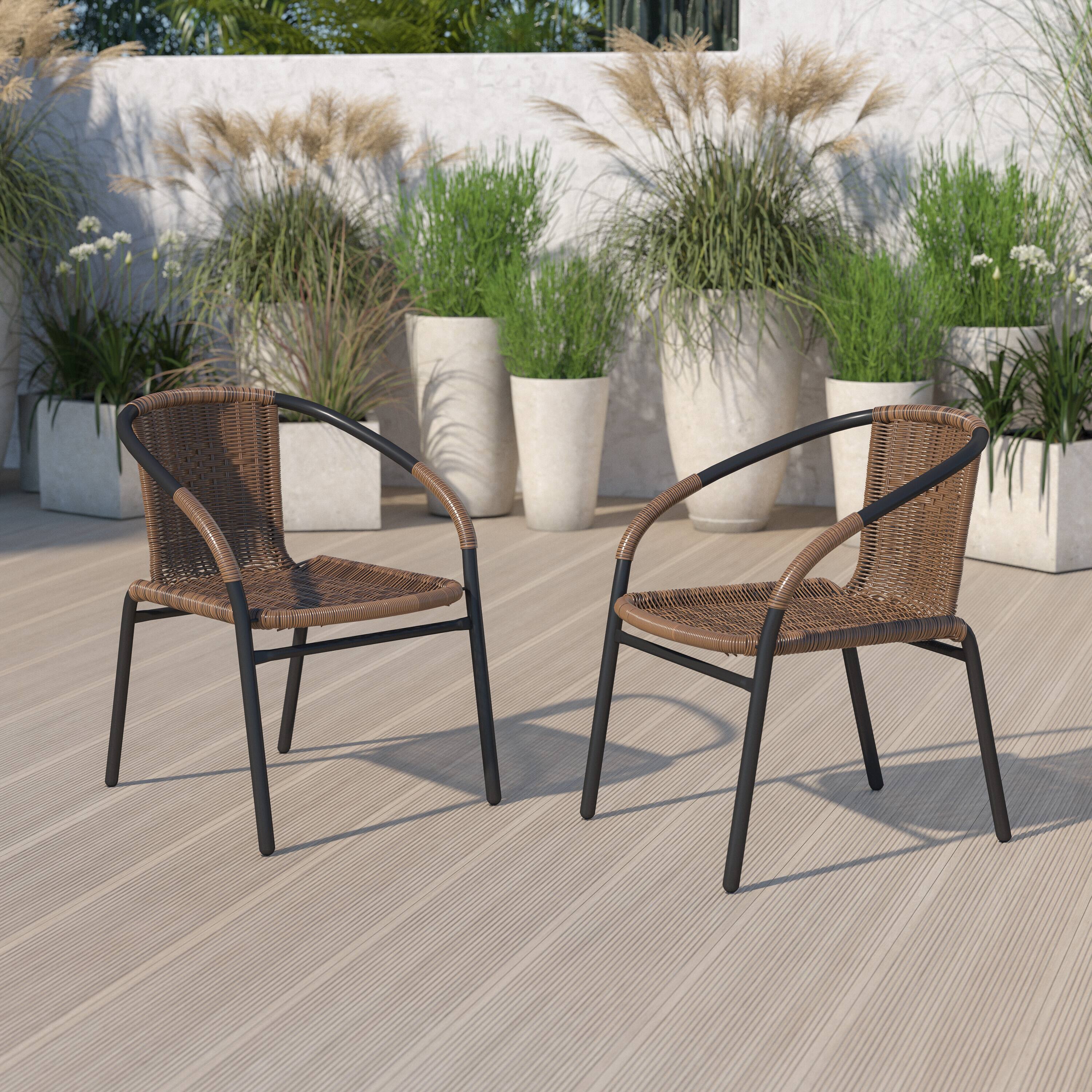 Alt View 2. Emma + Oliver - 2 Pack Rattan Indoor-Outdoor Restaurant Stack Chair with Curved Back - Medium Brown.