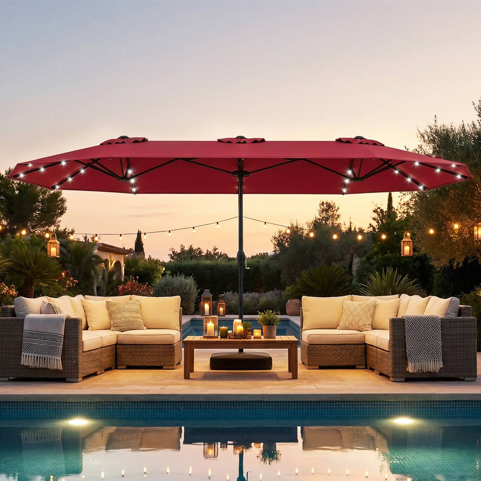 Alt View 1. Costway - Costway 13FT Double-sided Patio Umbrella with Solar Lights Crank Handle Umbrella Base - Wine.