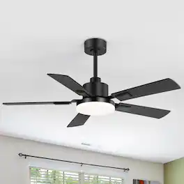 Breezary - 48" Modern Indoor Ceiling Fan with 3-Color Light, Remote Control, 6 Speeds, 5''&10'' Downrods, DC Motor, Timer - Matte Black and Dark Wood Grain