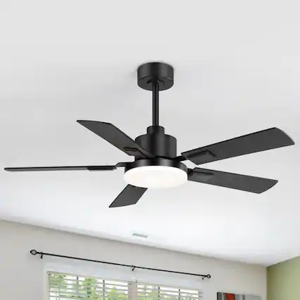 Front. Breezary - 48" Modern Indoor Ceiling Fan with 3-Color Light, Remote Control, 6 Speeds, 5''&10'' Downrods, DC Motor, Timer - Matte Black and Dark Wood Grain.