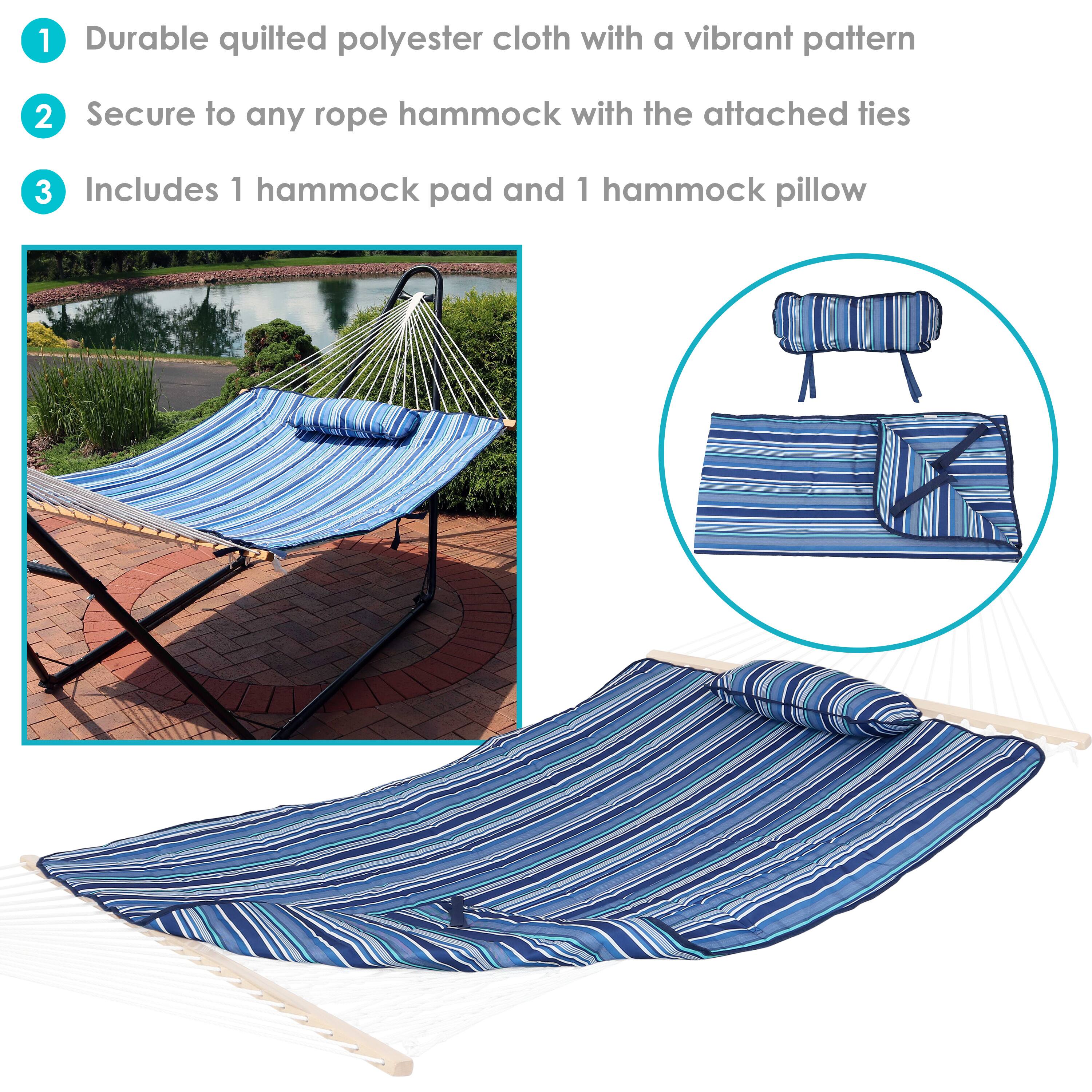 1. Durable quilted polyester cloth with a vibrant pattern  
2. Secure to any rope hammock with the attached ties  
3. Includes 1 hammock pad and 1 hammock pillow