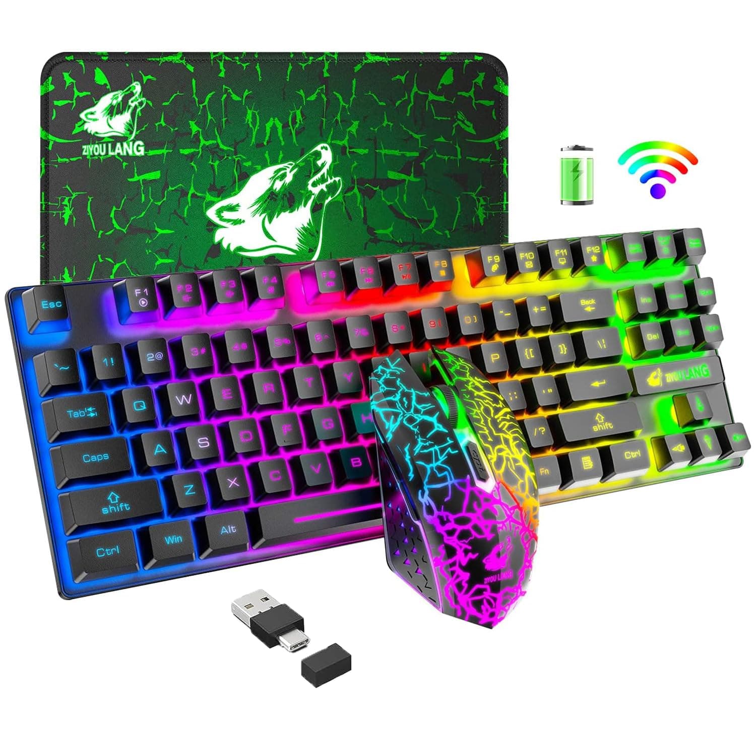 Stamp n Camp - Wireless Gaming And Mouse Combo Rainbow Backlit Rechargeable ah 87 Keys Mechanical Feel Waterproof Rgb Mute Mousepad - Black-Keyboard