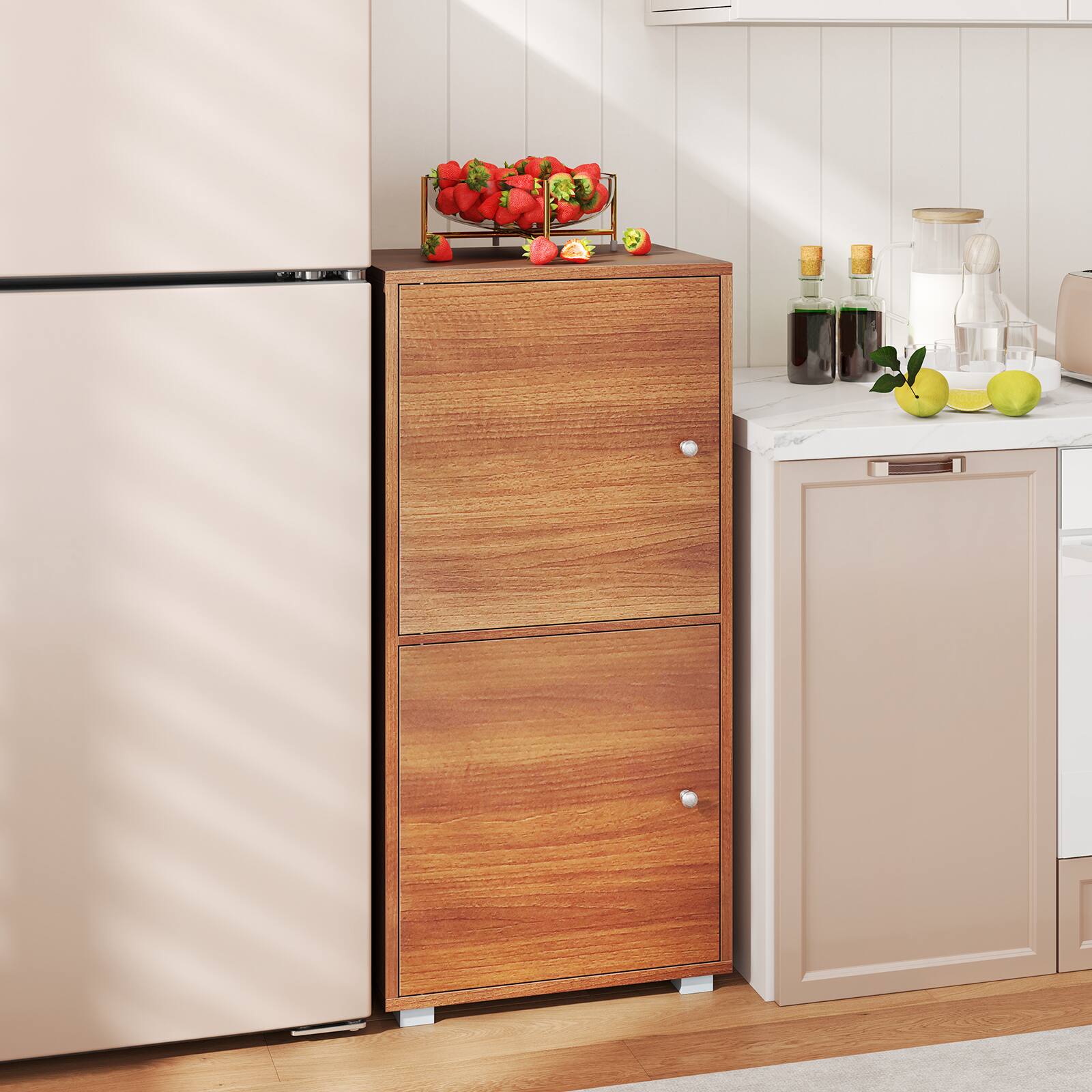 Alt View 4. Gymax - Gymax 2 PCS 2-Door Storage Cabinet w/ Adjustable Shelves Kitchen Buffet Cabinet w/ 2 Doors - Walnut.