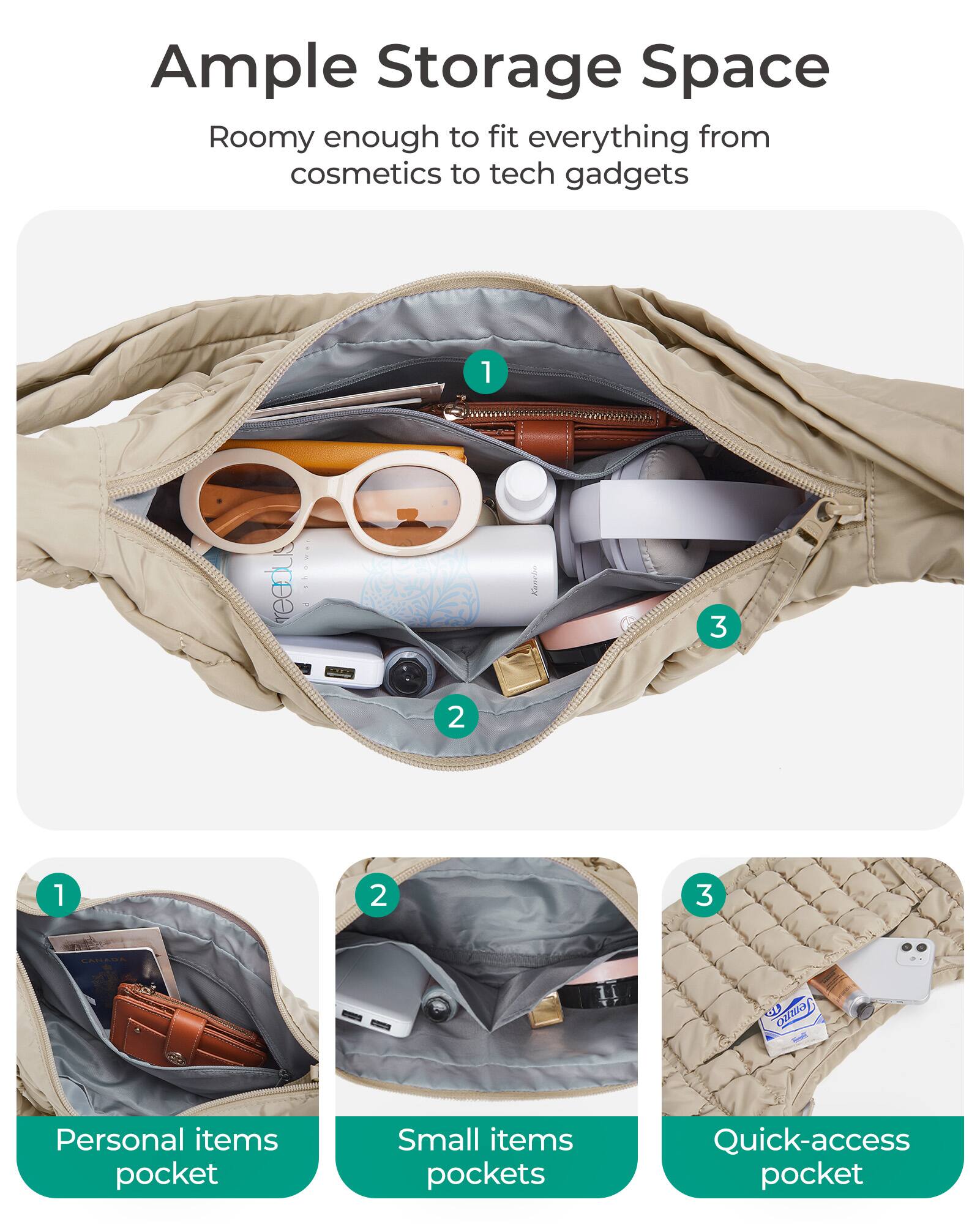 Ample Storage Space  
Roomy enough to fit everything from cosmetics to tech gadgets

1. Personal items pocket
2. Small items pockets
3. Quick-access pocket
