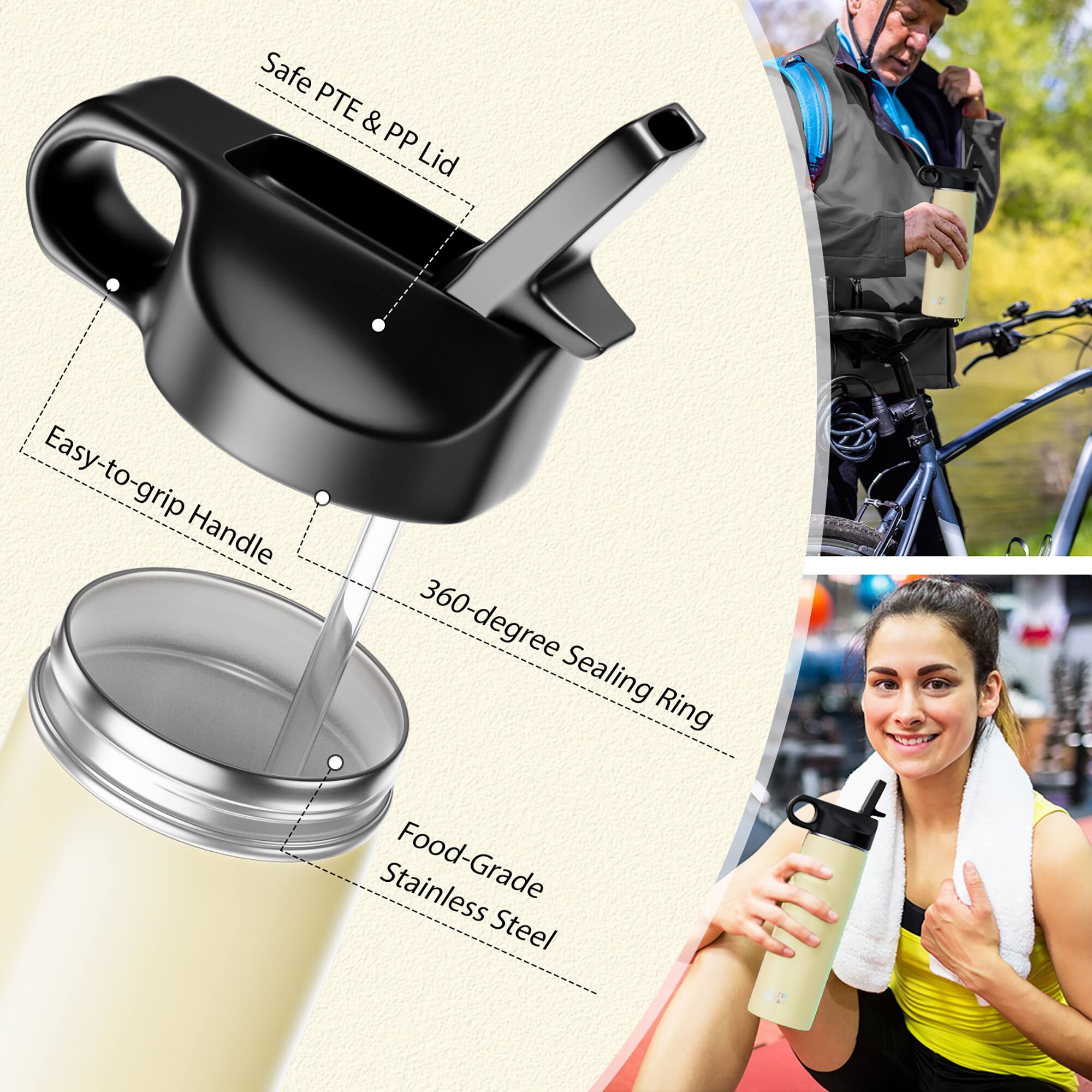Safe PTE & PP Lid  
Easy-to-grip Handle  
360-degree Sealing Ring  
Food-Grade Stainless Steel