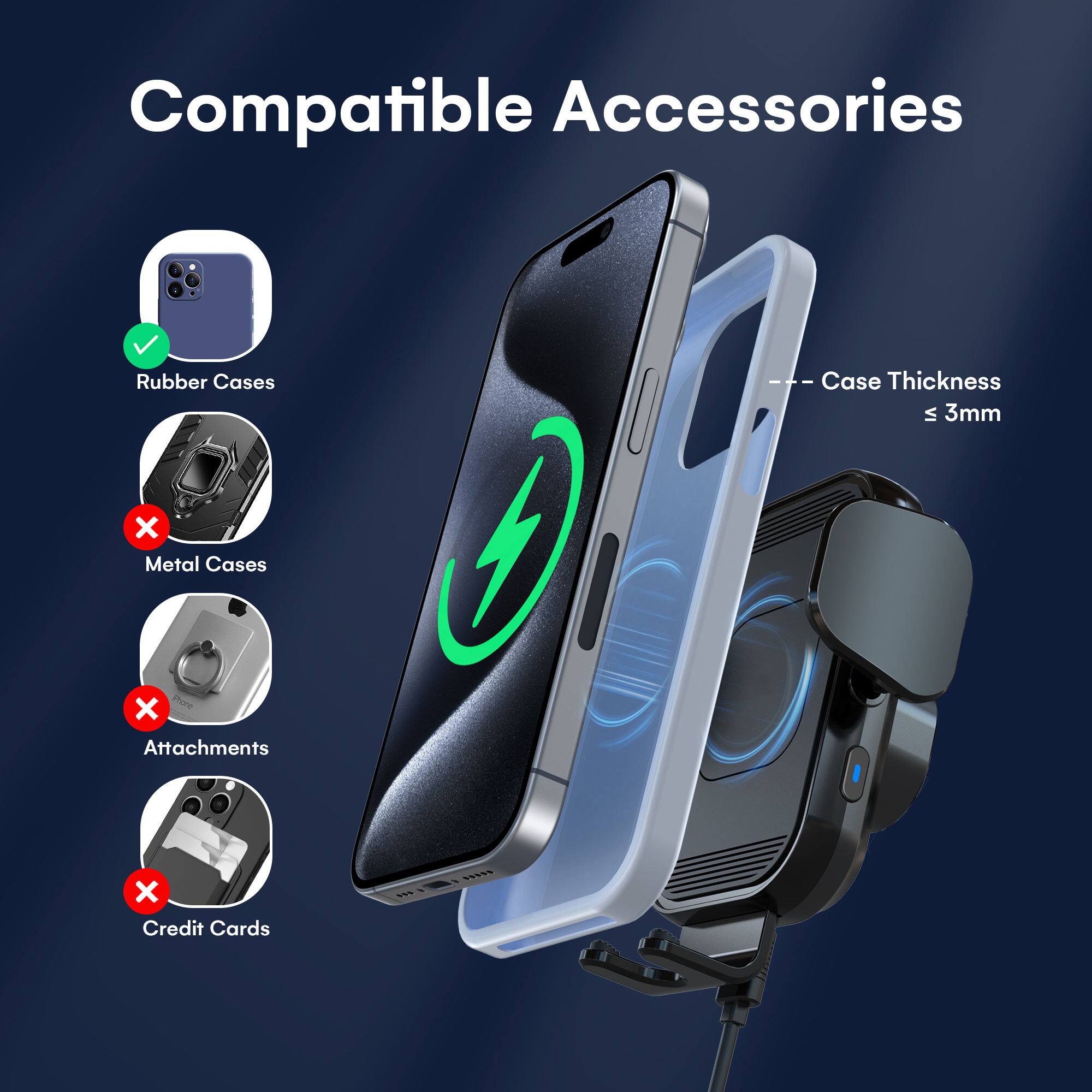 Compatible Accessories: Rubber Cases, Metal Cases, itune Attachments, Credit Cards  
Case Thickness: ≤ 3mm