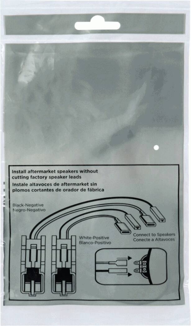 The text on the image reads: "Install aftermarket speakers without cutting factory speaker leads. Instale altavoces de aftermarket sin plomos cortantes de orador de fbrica. Black-Negative Negro-Negativo. White-Positive Blanco-Positivo. Connect to Speakers Conecte a Altavoces."