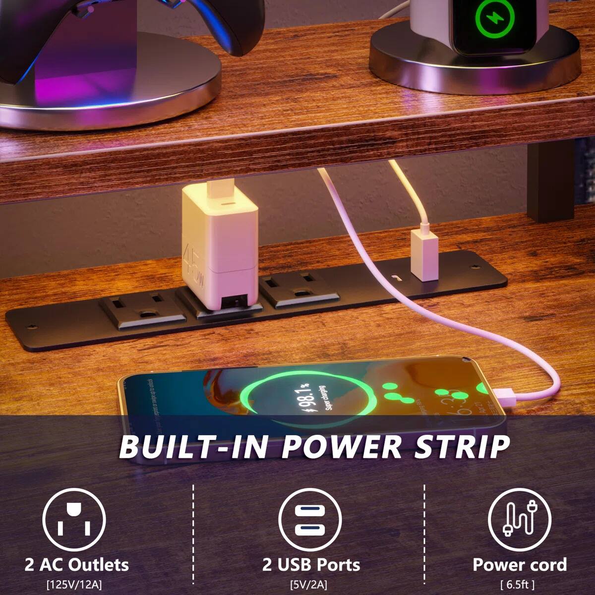 - 1 Au 98.1 Spr O  
BUILT-IN POWER STRIP  
2 AC Outlets [125V/12A]  
2 USB Ports [5V/2A]  
Power cord [6.5ft]