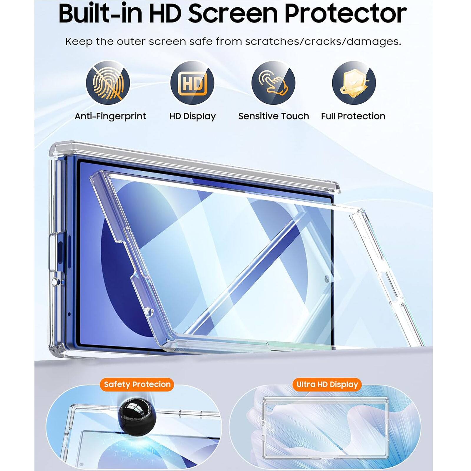 Built-in HD Screen Protector  
Keep the outer screen safe from scratches/cracks/damages.  

HD Anti-Fingerprint  
HD Display  
Sensitive Touch  
Full Protection  
Safety Protection  
Ultra HD Display