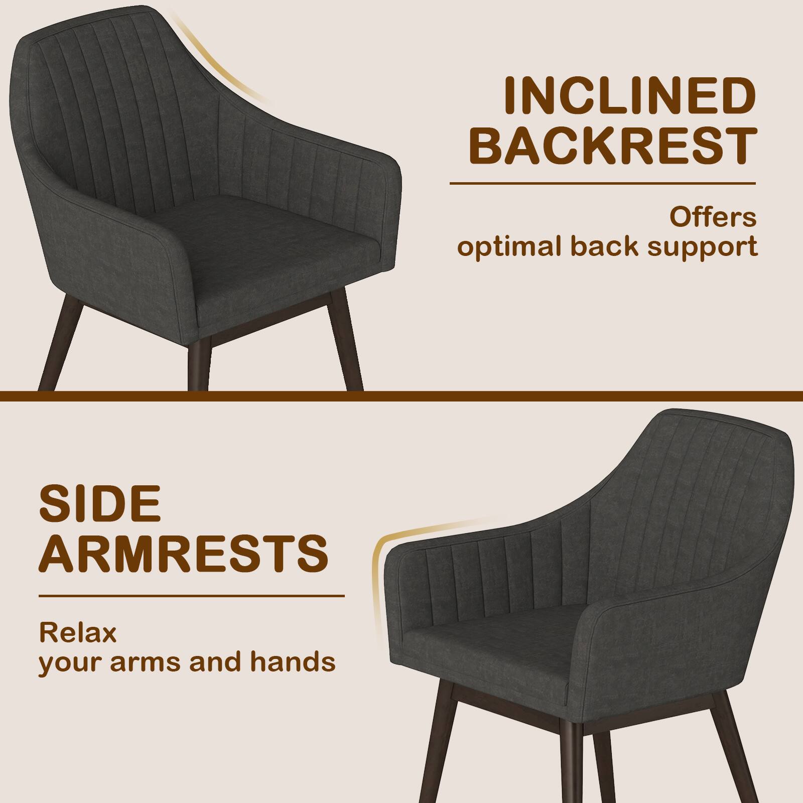 INCLINED BACKREST  
Offers optimal back support  

SIDE ARMRESTS  
Relax your arms and hands