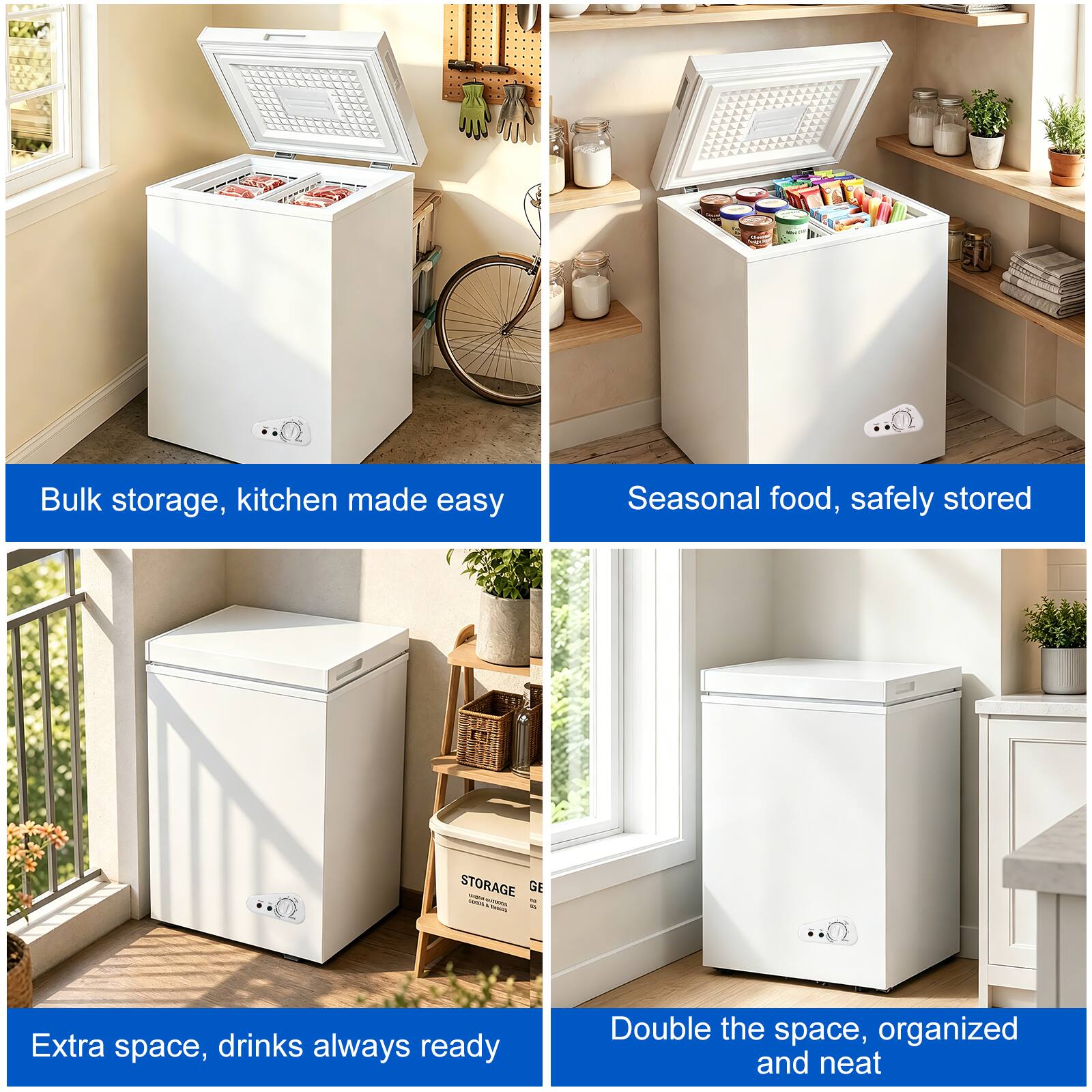 Bulk storage, kitchen made easy  
Seasonal food, safely stored  
STORAGE - GE: Extra space, drinks always ready  
Double the space, organized and neat
