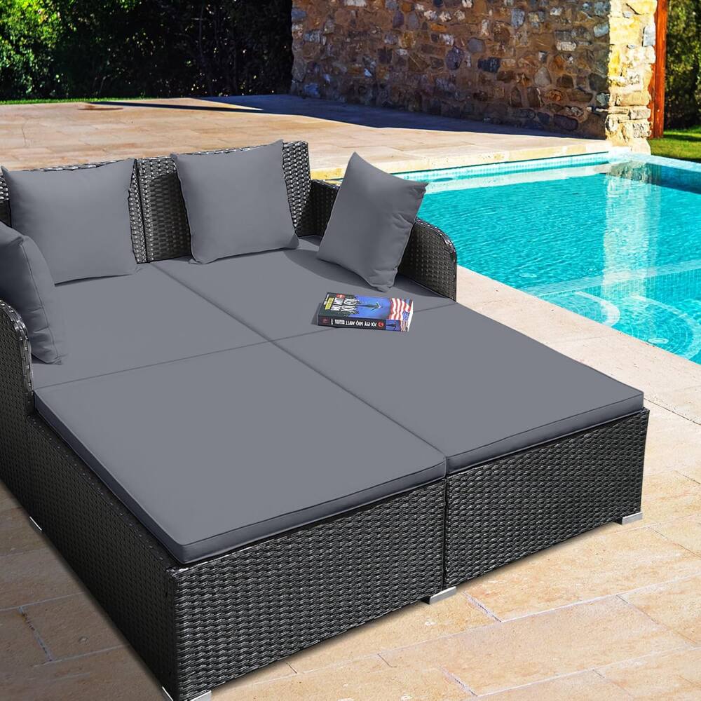 Angle. SlickBlue - Spacious Rattan Daybed with Soft Cushions and Pillows for Outdoor Relaxation - Grey.