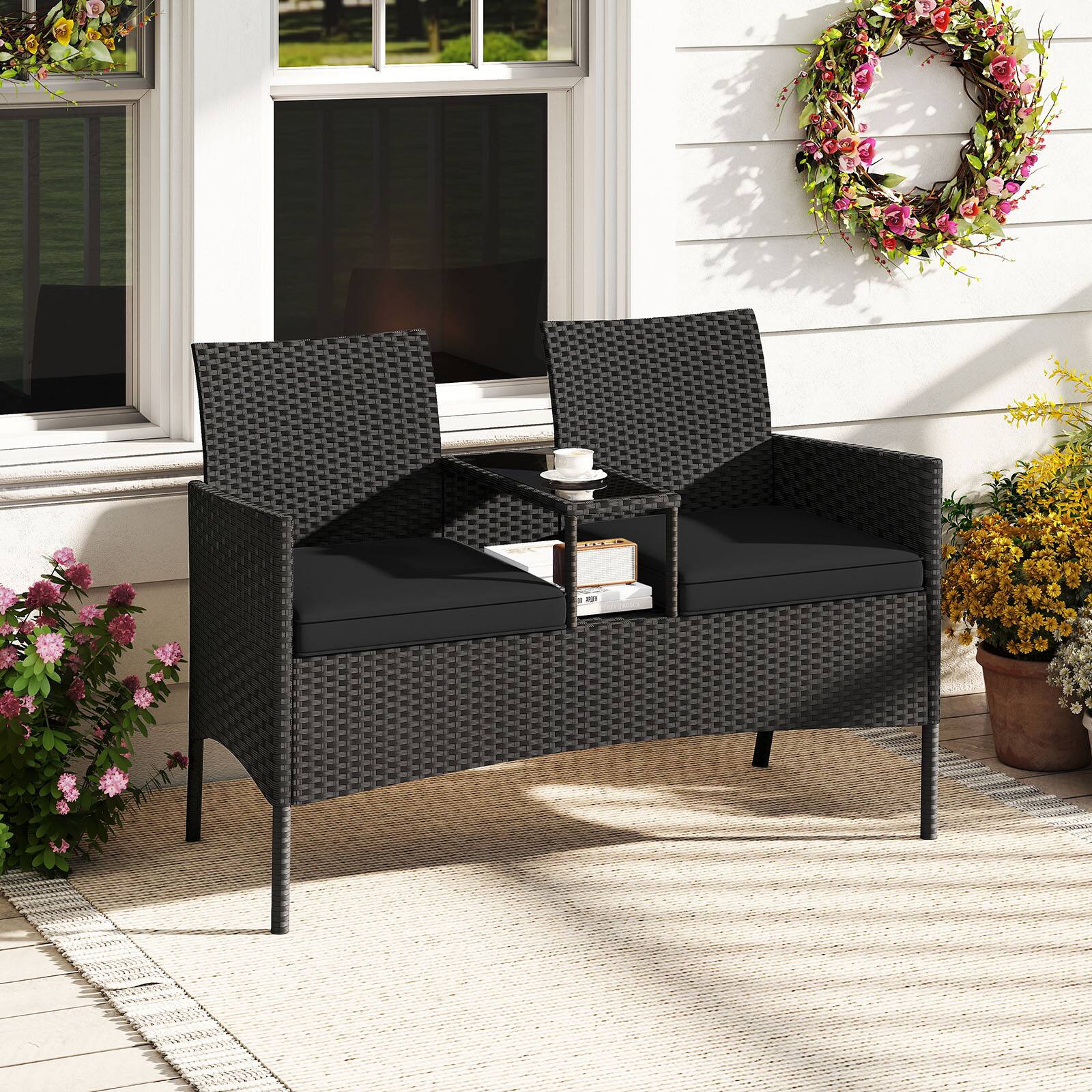 Alt View 3. Costway - Costway Patio Loveseat with Built-in Table Soft Cushions & Tempered Glass Tabletop - Black + Black.