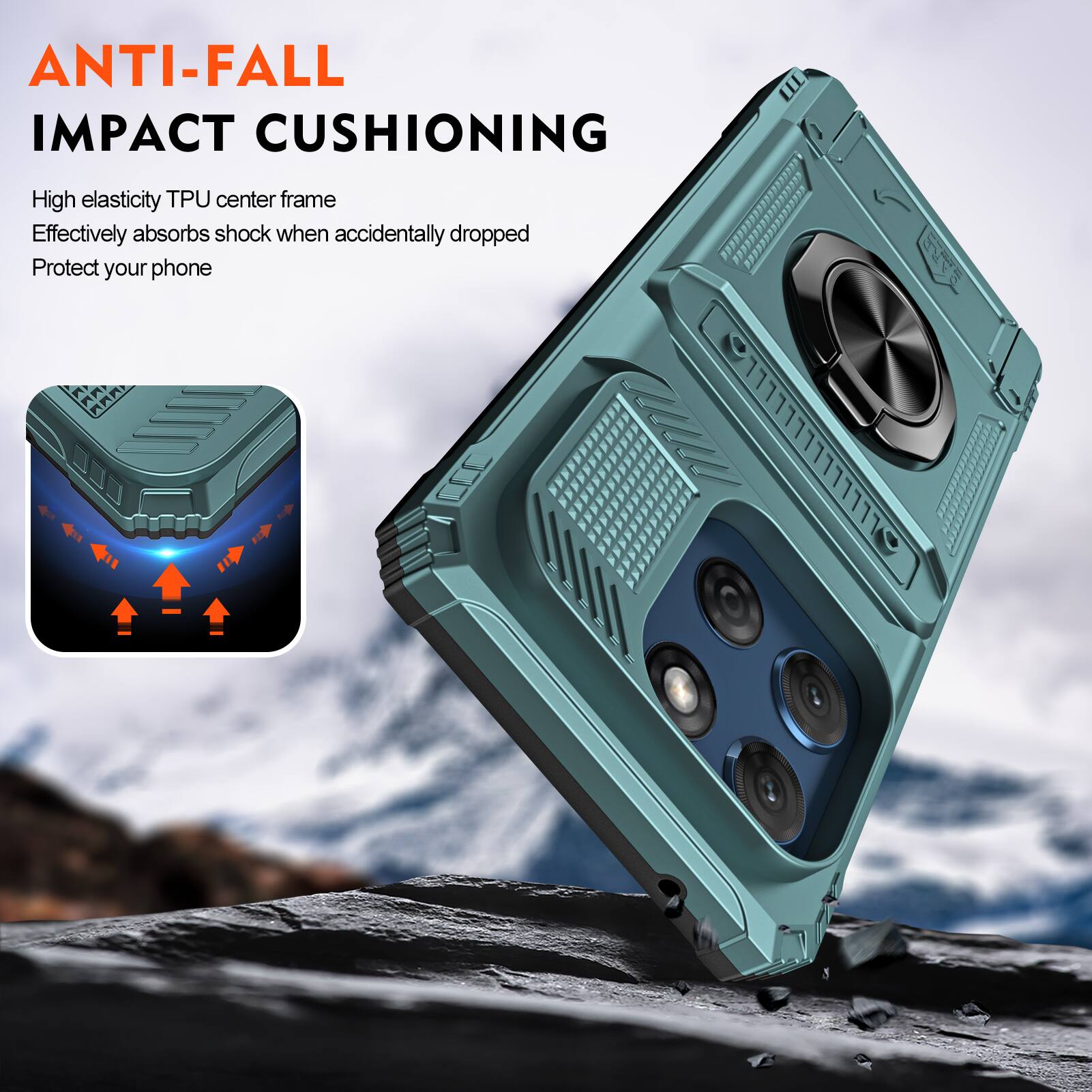 ANTI-FALL IMPACT CUSHIONING

High elasticity TPU center frame
Effectively absorbs shock when accidentally dropped
Protect your phone