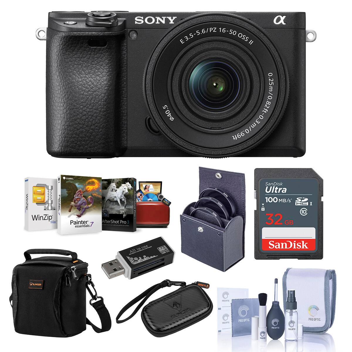SONY E3.5-5.6/PZ 16-50 OSS II  
WinZip Painter 7 essentials  
AfterShot Pro 3  
SanDisk Ultra 100 MB/s 32 GB  
CORNEL  
PRO OPTIC