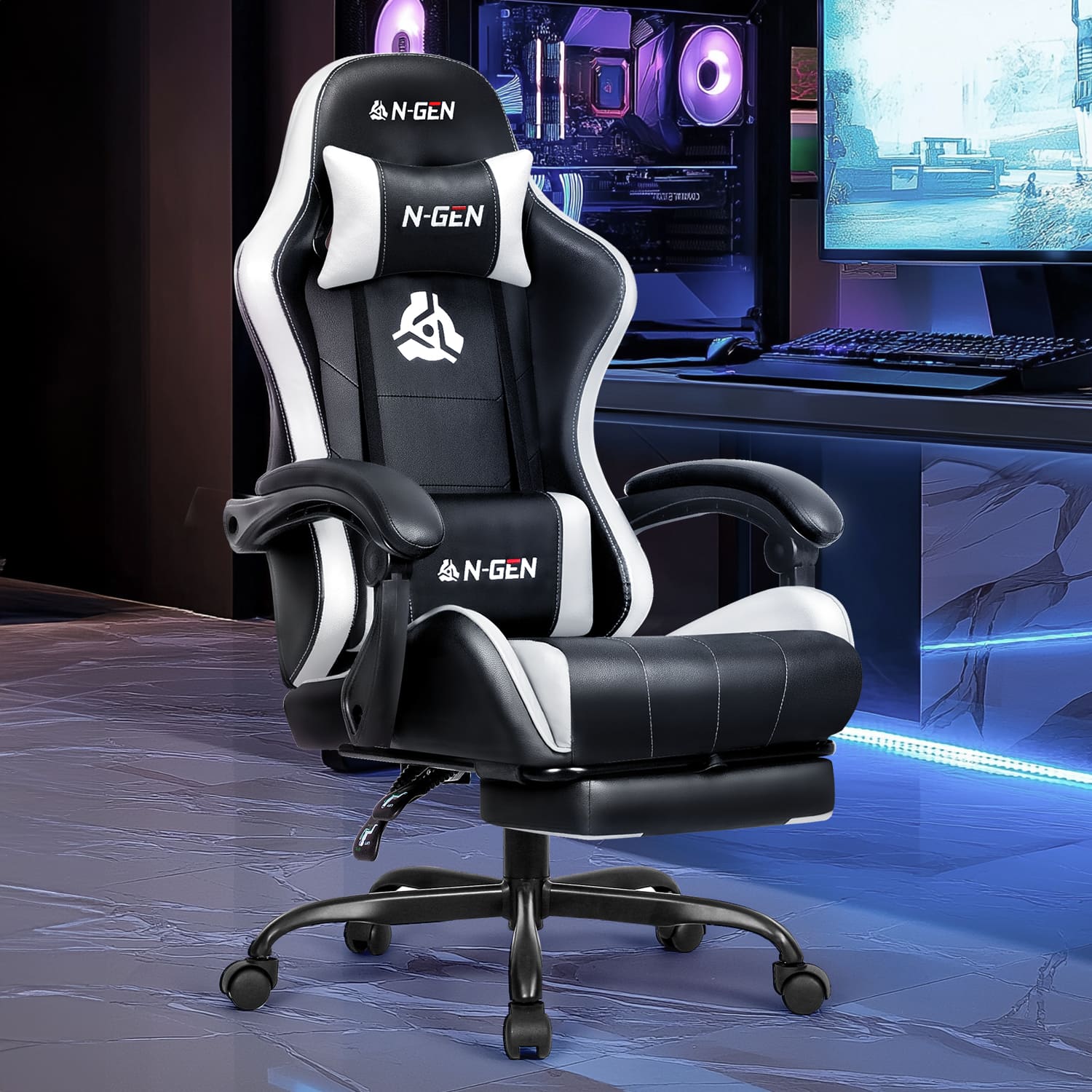 Neo Chair - Gaming Chair with Footrest, High Back Ergonomic Office Computer Desk Chair, Lumbar Support, PU Leather Recliner - White