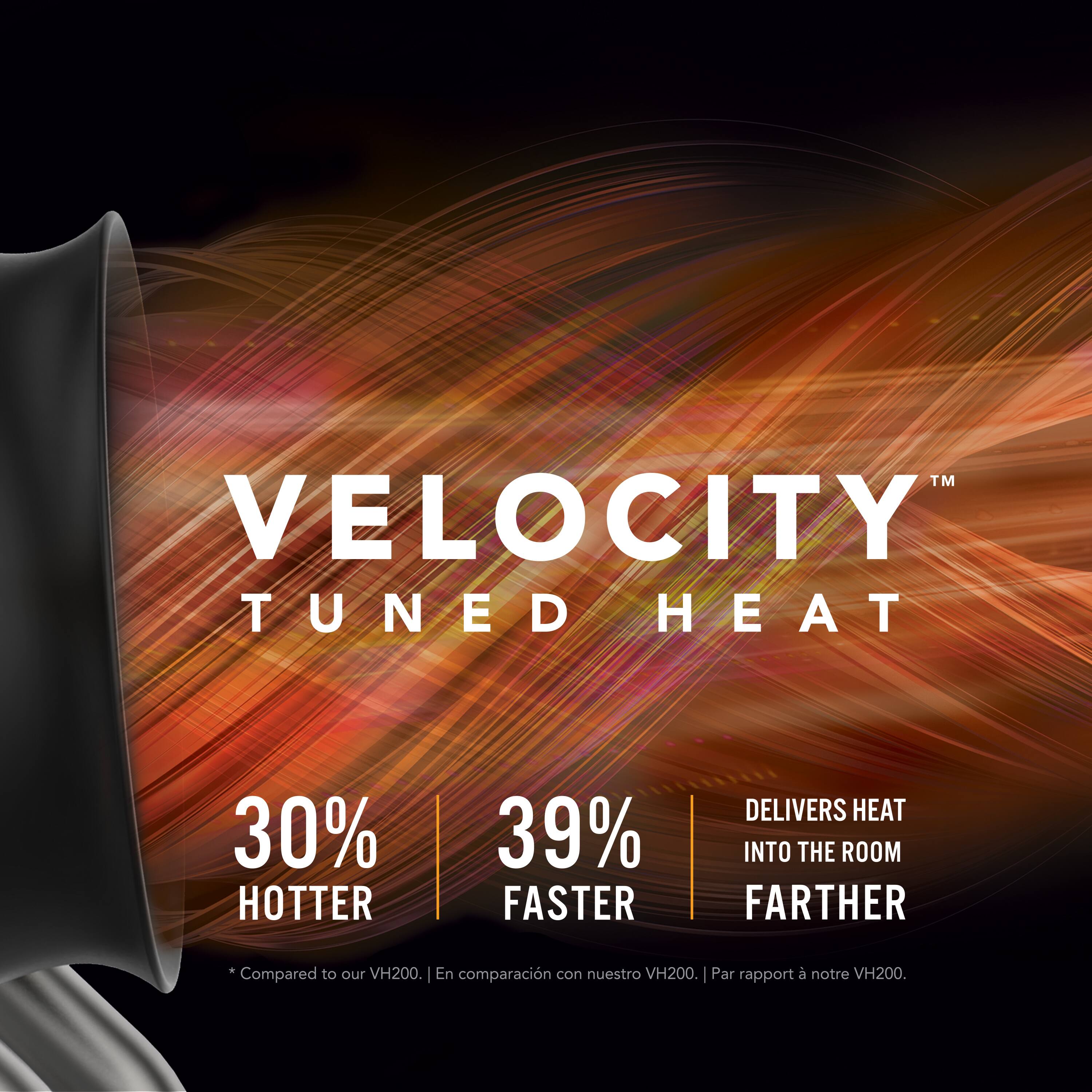 **VELOCITY™ TUNED HEAT**

- 30% HOTTER
- 39% FASTER
- DELIVERS HEAT INTO THE ROOM FARTHER

*Compared to our VH200. | En comparación con nuestro VH200. | Par rapport à notre VH200.*