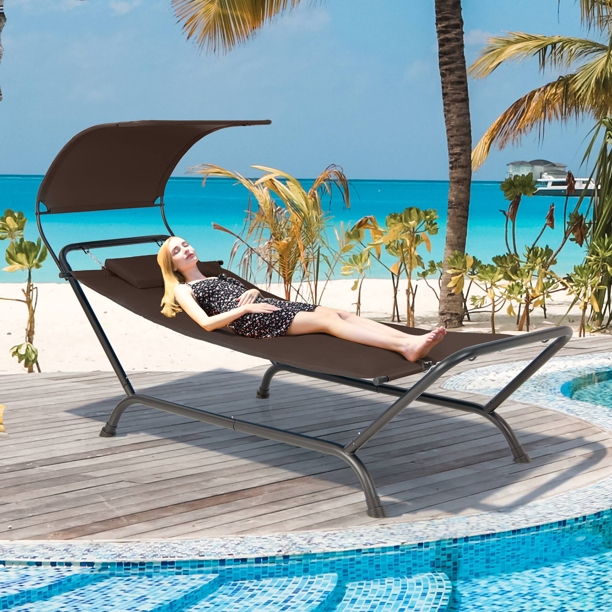 Alt View 3. Costway - Costway Patio Hanging Chaise Lounge Chair with Canopy, Cushion, Pillow & Storage Bag - Brown.