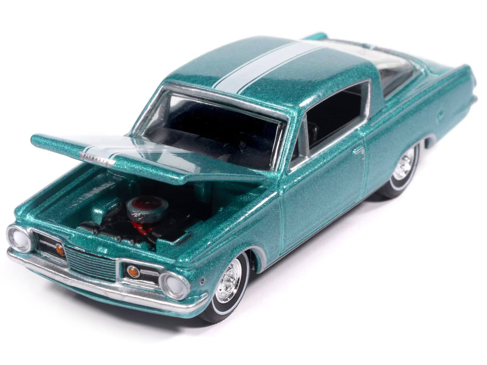 Alt View 2. Autoworld - 1965 Plymouth Barracuda Formula S Turquoise Metallic with White Stripe "Vintage Muscle" 1/64 Model Car by Auto World.