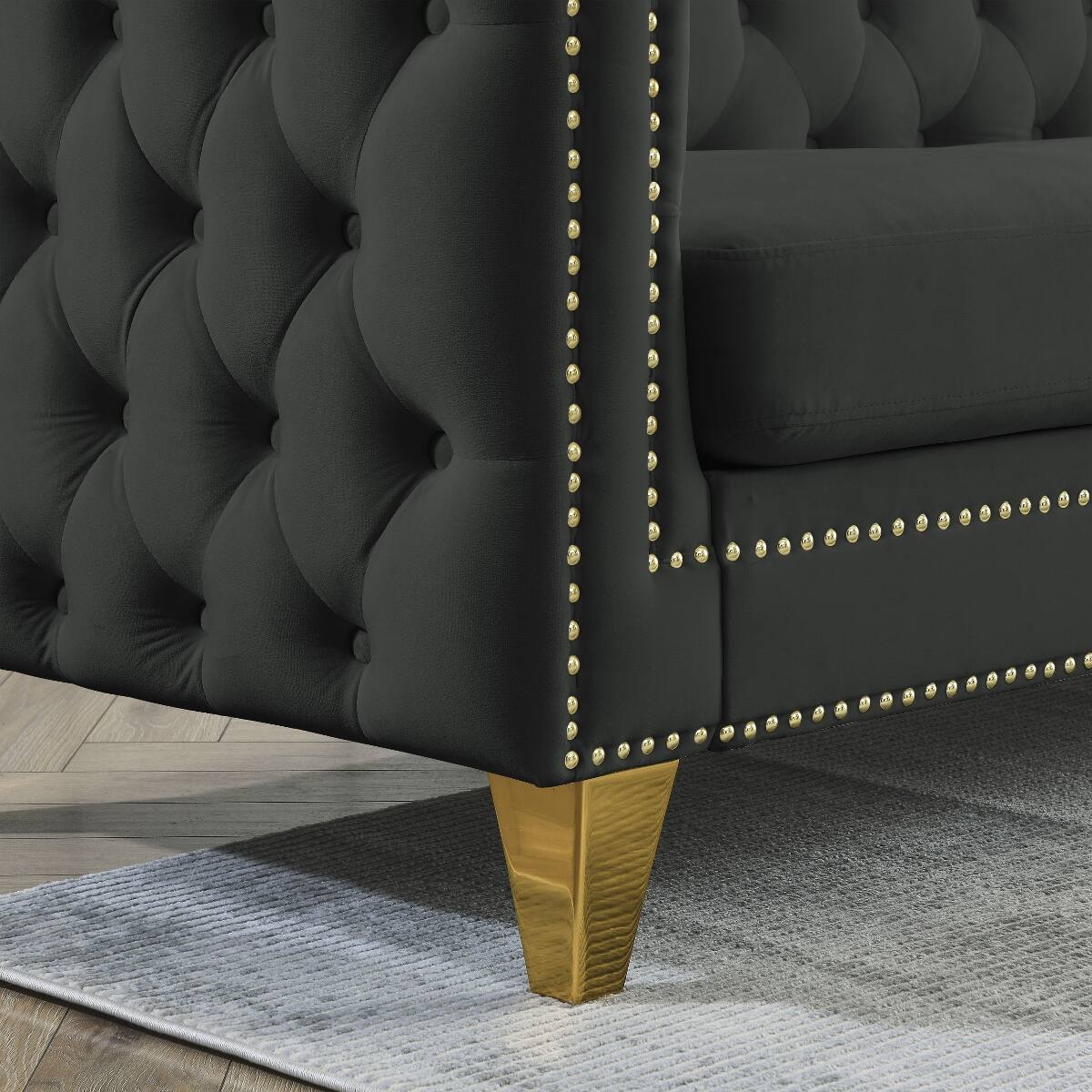 Alt View 2. Ropilly - Ropilly Velvet Corner Sofa, L Shaped Sectional Couch, Black 5 Seater Chesterfield Style Sofa - Black.
