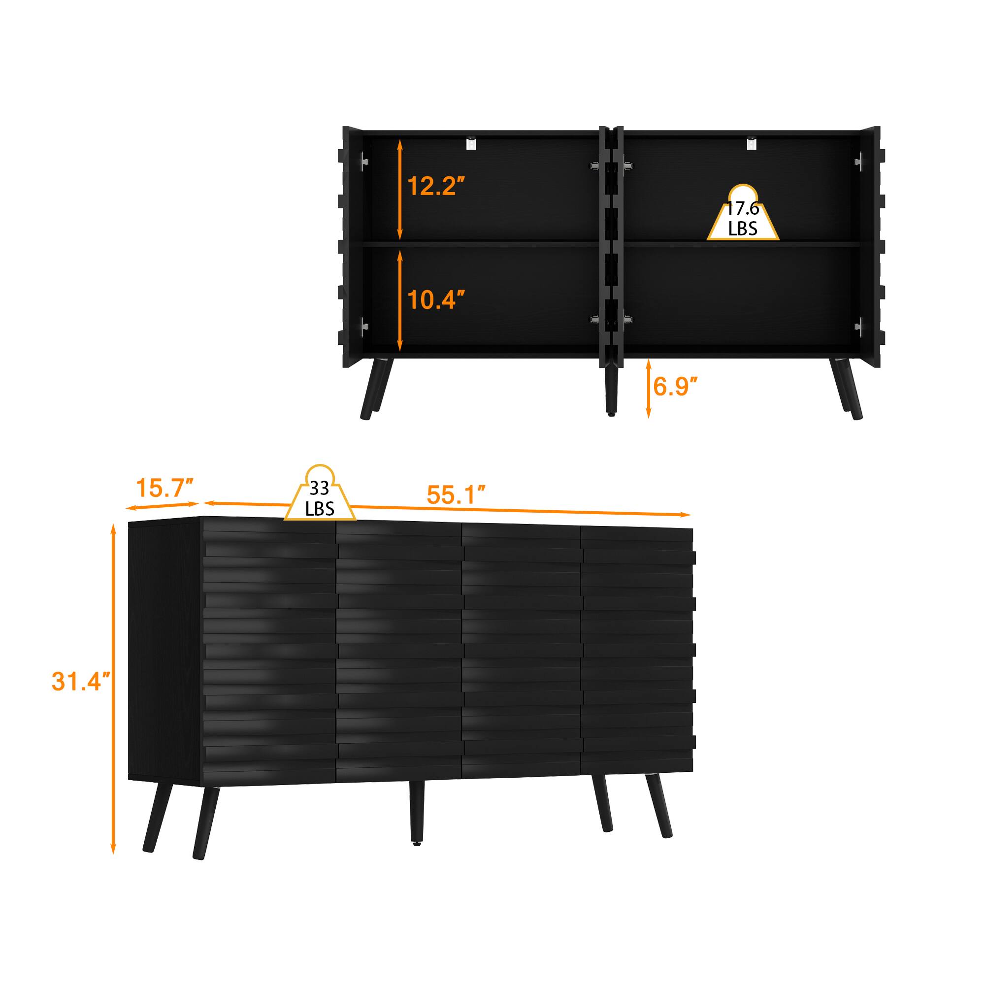 12.2", 10.4", 6.9", 15.7", 33 LBS, 55.1", 31.4"