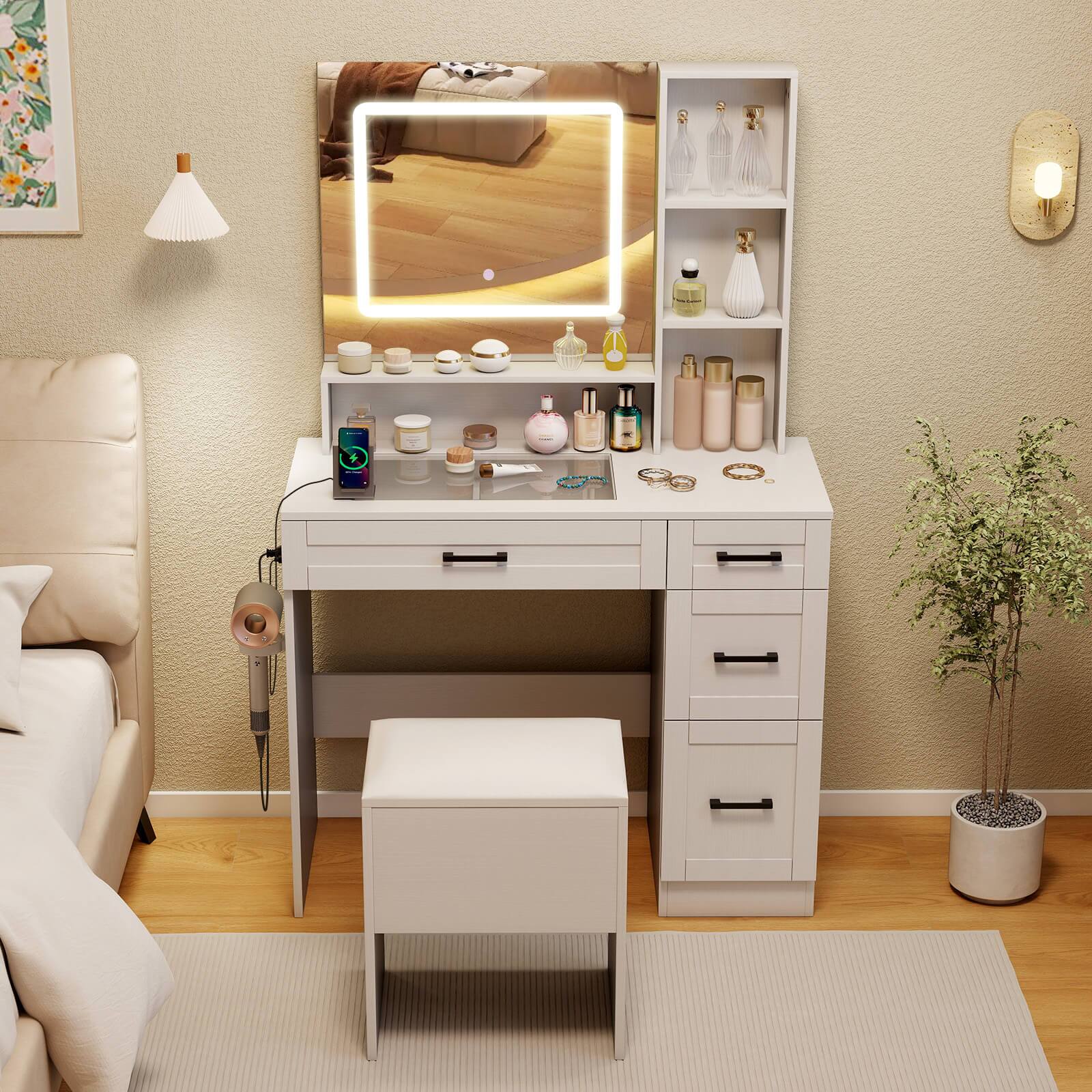 Alt View 3. Costway - Costway 35.5" Makeup Table Set Vanity Desk with Mirror and Lights 2 Open Shelves Glass Top - White.