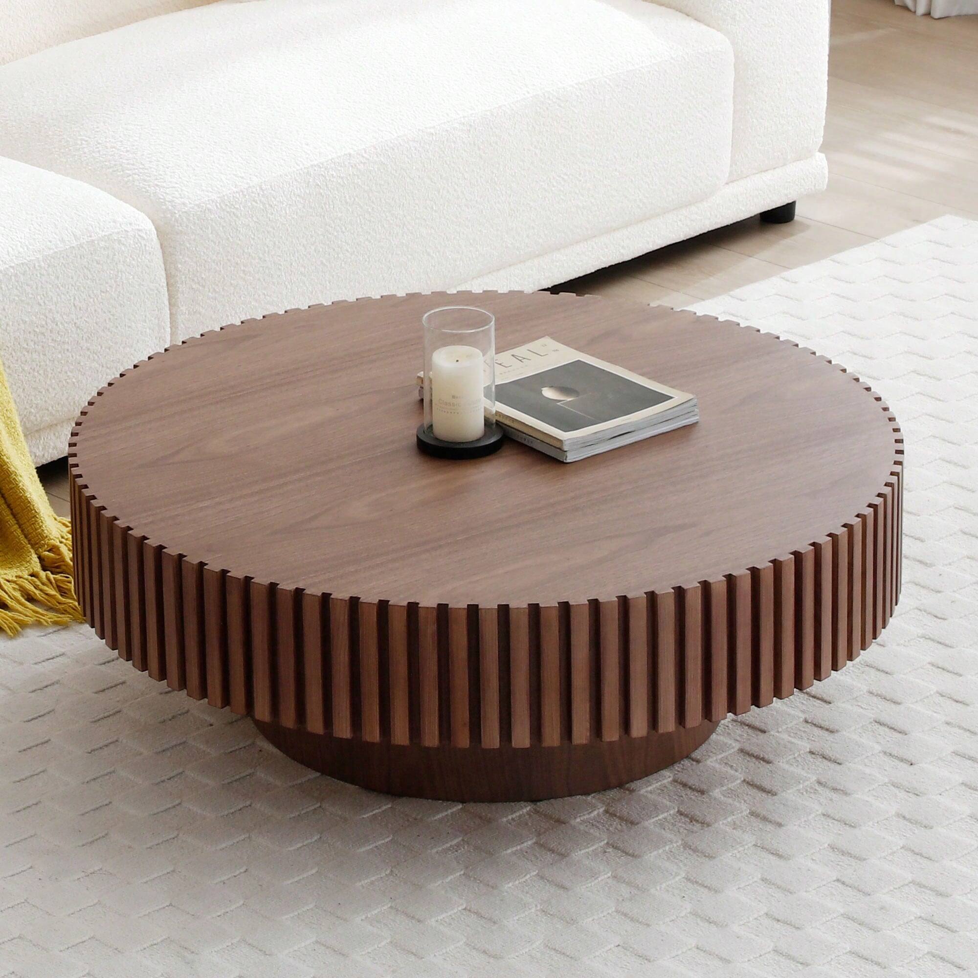 Left. Trinkets Crazed - 31.49" Round Coffee Table Wood, Circle Coffee Table,Drum Fluted Coffee Accent End Side Center Table - Walnut.