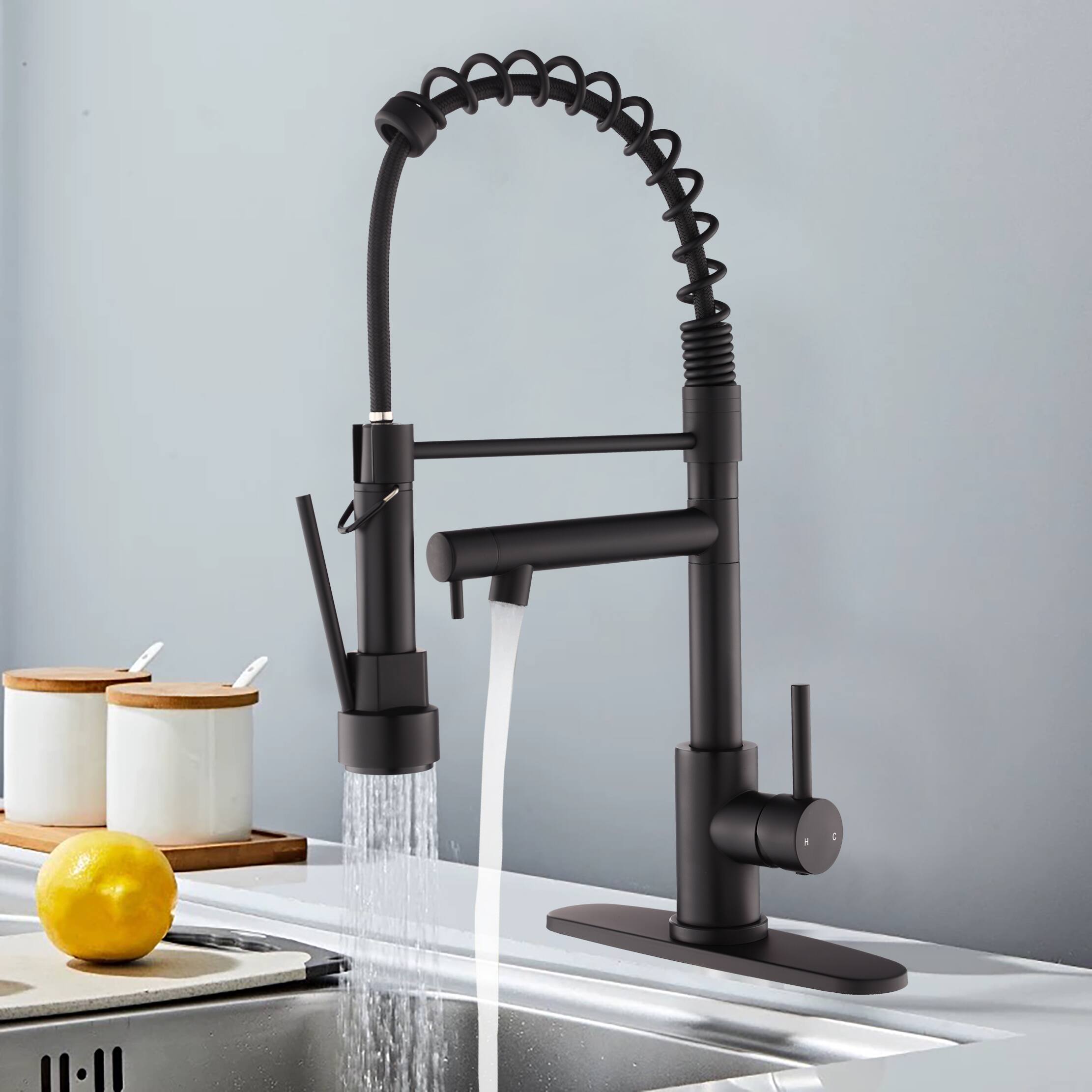 Back. DOMETOUR - Kitchen Faucet with Pull Down Sprayer, Touch On Single Handle 2- Function Stainless Steel Spring Neck - Matte Black.