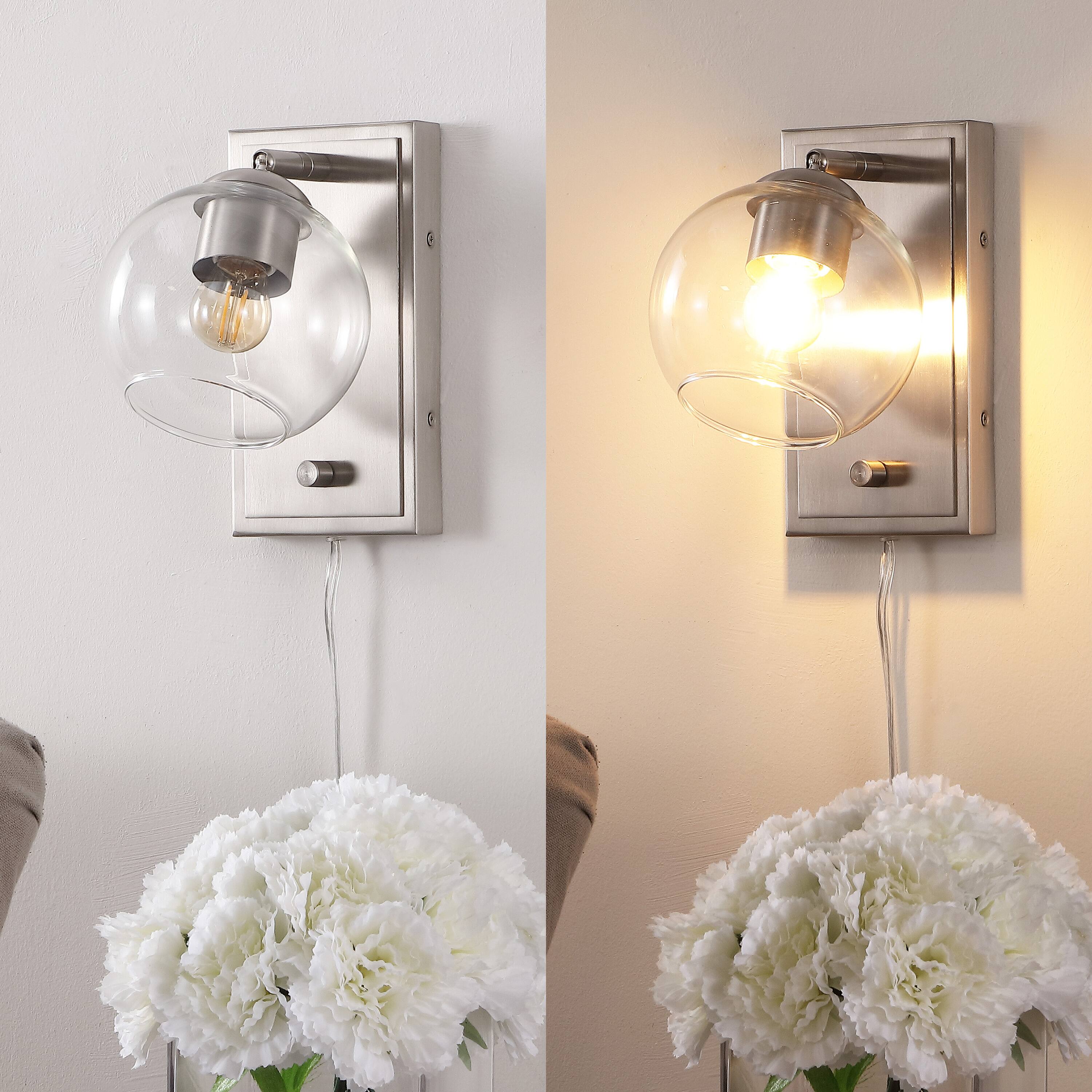 Alt View 4. Jonathan Y - Hugo 6" 1-Light Plug-In or Hardwired Adjustable Iron LED Wall Sconce with Rotary Dimmer, Nickel with Clear Globe - Nickel.