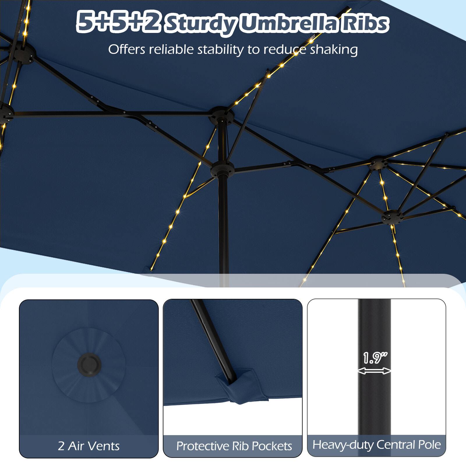 5+5+2 Sturdy Umbrella Ribs Offers reliable stability to reduce shaking

1.9"
2 Air Vents
Protective Rib Pockets
Heavy-duty Central Pole