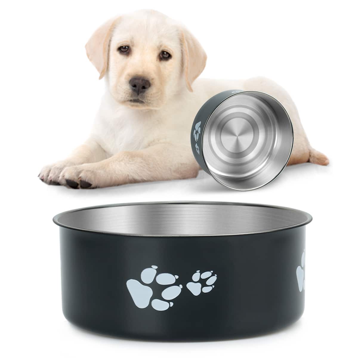 Supet - Cartoon Footprint Stainless Steel Dog Bowl - Black