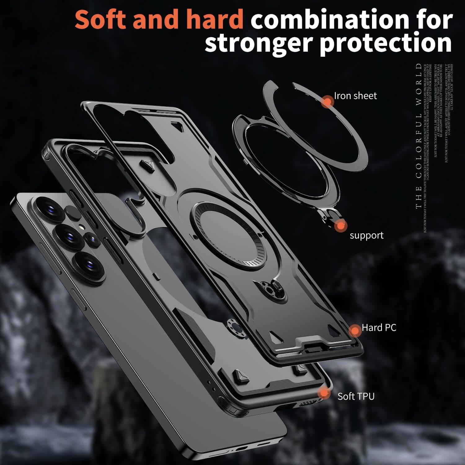 Soft and hard combination for stronger protection

Iron sheet
Hard PC
Soft TPU

THE COLORFUL WORLD